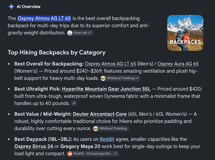 Google AI Overview for hiking backpacks recommending Osprey, Hyperlite Mountain Gear, Deuter, and Gregory, with citations to GearLab, Wildland Trekking, and a Reddit thread.