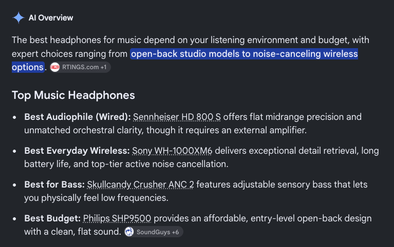 Google AI Overview for music headphones recommending Sennheiser, Sony, Skullcandy, and Philips models, with citations to RTINGS and SoundGuys.
