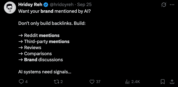 Post on X advising brands that want AI mentions to build Reddit mentions, third-party mentions, reviews, comparisons, and brand discussions, not only backlinks.
