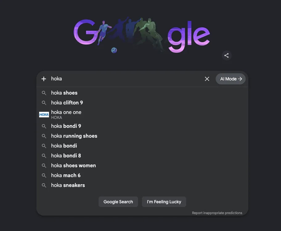 Google autocomplete dropdown for the query "hoka" showing branded suggestions including "hoka shoes," "hoka clifton 9," "hoka one one," "hoka bondi 9," "hoka running shoes," and other product variations.