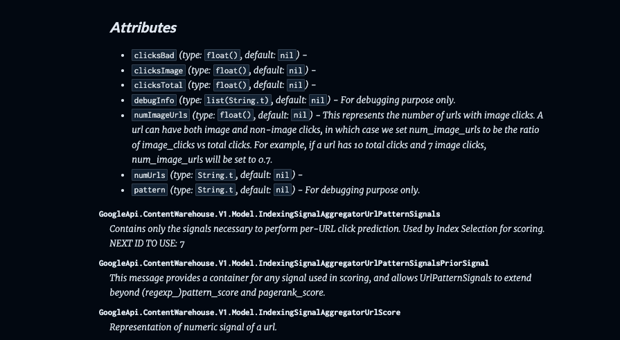 Documentation from the 2024 Google Content Warehouse API leak listing click attributes such as clicksBad, clicksImage, and clicksTotal, and describing IndexingSignalAggregatorUrlPatternSignals as signals for per-URL click prediction used by Index Selection for scoring.
