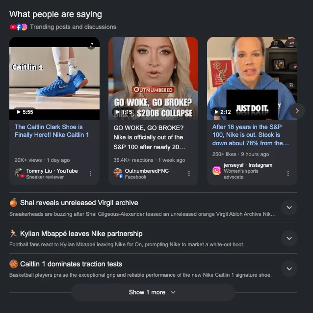Google Search What people are saying carousel for Nike with trending YouTube, Facebook, and Instagram posts, followed by trending discussion topics.