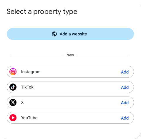 Google Search Console Select a property type dialog with Add a website at the top and new platform property options for Instagram, TikTok, X, and YouTube.
