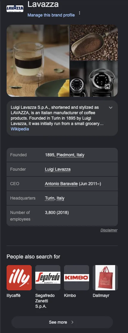 Google Knowledge Panel example for Lavazza, showing the logo, description, founding year, headquarters, CEO, and related brands.