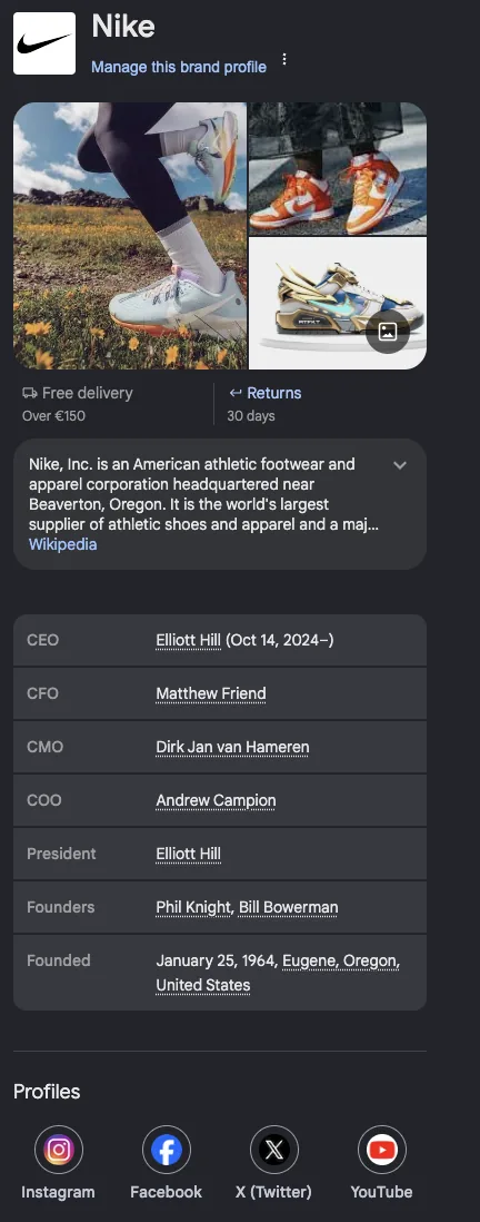 Google Knowledge Panel example for Nike, showing the logo, description, CEO, founders, founding year, and social profiles.