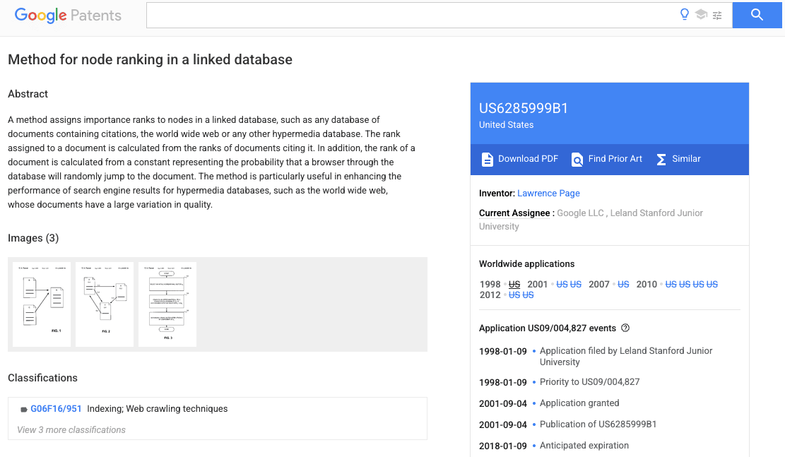 Google Patents page for US6285999B1, Method for node ranking in a linked database: the abstract describes ranking a document from the ranks of documents citing it. Inventor Lawrence Page, assigned to Google LLC and Leland Stanford Junior University, filed January 9, 1998, granted September 4, 2001.