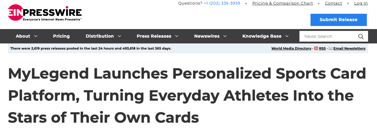 A launch press release on EIN Presswire with the headline MyLegend Launches Personalized Sports Card Platform, Turning Everyday Athletes Into the Stars of Their Own Cards.