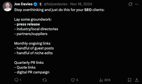 Post on X by Joe Davies listing groundwork for SEO clients: a press release, industry and local directories, and partner and supplier links, followed by monthly guest posts and niche edits and quarterly PR links.